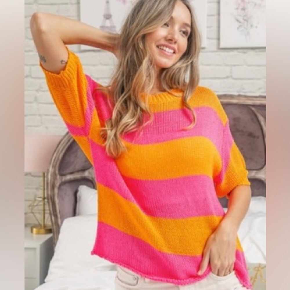 NEW!  Puff Sleeve Striped Knit Top in Fuchsia/Orange
